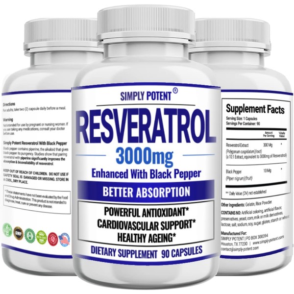 Resveratrol 3000mg Supplement, Max Strength 3X Resveratrol 1000mg, 90 Caps 3 Mon Supply, Enhanced with Black Pepper for Max Absorption, Powerful Antioxidant, Pills for Heart, Immune & Skin