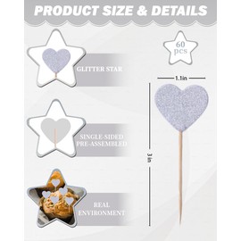 Wolpark 60pcs Heart Cupcake Toppers Glitter Silver Engagement Wedding Cupcake Picks for Bridal Shower Anniversary Graduation Birthday Party Supplies