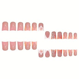 QQPPOLIU Flared Shape Press on Nails 3D Coat Fake Nails Short False Nails Square Artificial Nails Gift for Women and Girls 24pcs