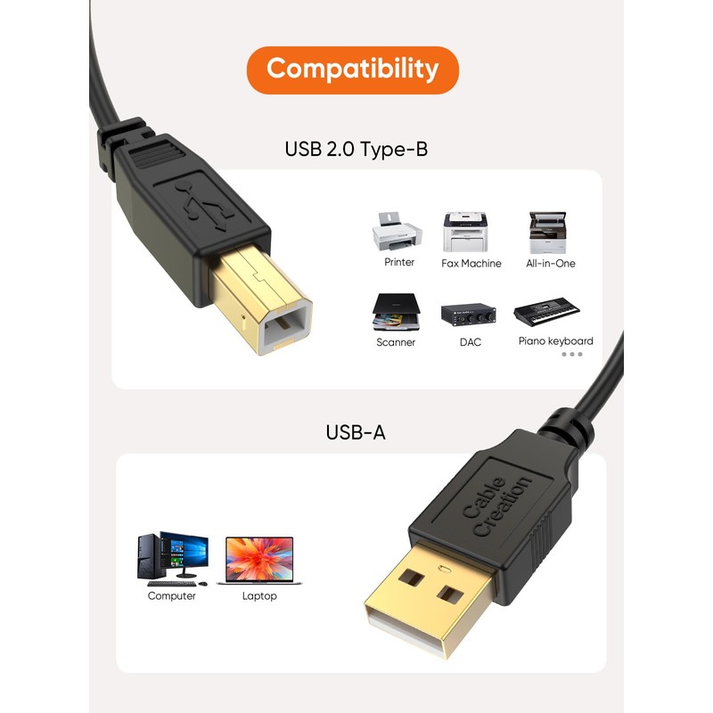 CableCreation USB Printer Cable 6.6FT, USB 2.0 Printer Cable to