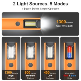 Acoszero EDC Flashlight Slim Pocket Magnetic Flashlight 1300 High Lumens Work Light with Warning Light Combo EDC Flat Light Rechargeable LT-020 (Orange)