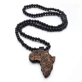 COLORFUL BLING Multicolor 8MM Wooden Bead Chain African Hip-hop Africa Map Pendant Necklace for Men Natural Wood Jewelry-black brown