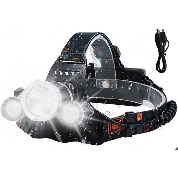 Rantizon Head Torch Rechargeable - Headlamp Headlight LED Head Torch with 3 Lights 4 Modes, 6000 Lumen Head Torches LED Super Bright, for Running, Camping, Fishing, Cycling, Hiking, Waterproof