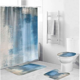 EMMTEEY 4Pcs Shower Curtain Sets with Rugs,Blue Grey Modern Painting Art Bathroom Sets with Shower Curtain and Rugs,Bathroom Decor Accessories for Bath Toilet Lid Cover