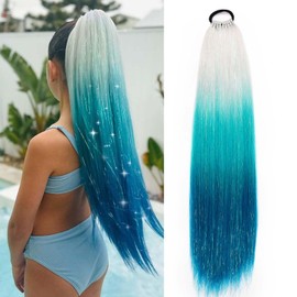 Rainbow Ponytail Extensions with Hair Tie 1 Packs 100g Coloured Ponytail for Braiding 26 inch Colorful Mermaid Extensions Synthetic Gradient Silver Light Blue Deep Sea Blue for Girl Women