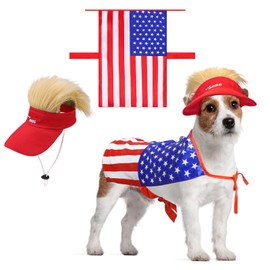 KOOLTAIL 4th of July Dog Outfit, Independence Day Funny Costume, Adjustable Blonde Wig Dog Hat with Cape- Iconic&Playful Toupee and Red Blue Stars Cloak, Pet Supplies for Dogs Cats Puppy Kitten