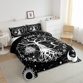 Erosebridal Tree of Life Queen Comforter Set Hippie, Sun and Moon Bedding Set 3Pcs Black and White Astrology Decor, Galaxy Space Stars Constellations Quilt Comforter Kids Teens Adults Bedroom Decor