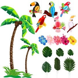 30 Pieces Cardstock Paper Palm Trees Hawaiian Hibiscus Flower Cutouts Honeycomb Birds Party Decorations Artificial Tropical Palm Leaves Luau Birthday Decorations for Tiki Rainforest Party Decoration