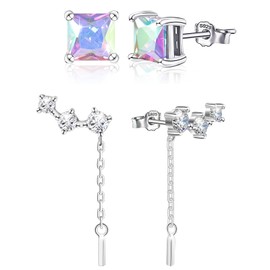 Earrings for Women Silver Earring with Cubic Zirconia, 14K White Gold Plated Sterling Silver Earrings Dainty Drop Stud Chain Earrings with CZ Long Dangly Style Small Stud Earrings for Women