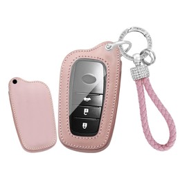 HIBEYO Smart Key Fob Cover Fit for Toyota Land Cruiser 4Runner RAV4 Camry Highlander Real Leather Key Case Shell Protector fit for Toyota Car Accessories Key Chain-B Keychain Pink
