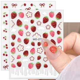 5D Embossed Strawberry Cherry Bow Nail Stickers for Nail Art Supplies Red Bow Cherry Nail Decals Cute Bows Cherries Strawberries Manicure Decor Sticker Nails Design Accessories