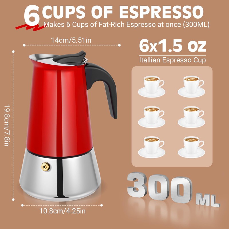 Suiitat Moka Pot, 6 Cups (10.6 oz) Stovetop Espresso Maker,