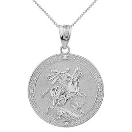 Sideways Crosses Sterling Silver Saint George Medal Protection CZ Charm Pendant Necklace (Large), 20"