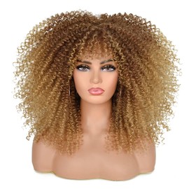 ANNISOUL 16Inch Curly Wigs for Black Women Ombre Blonde Afro Bomb Curly Wig with Bangs Synthetic Fiber Glueless Long Kinky Curly Hair