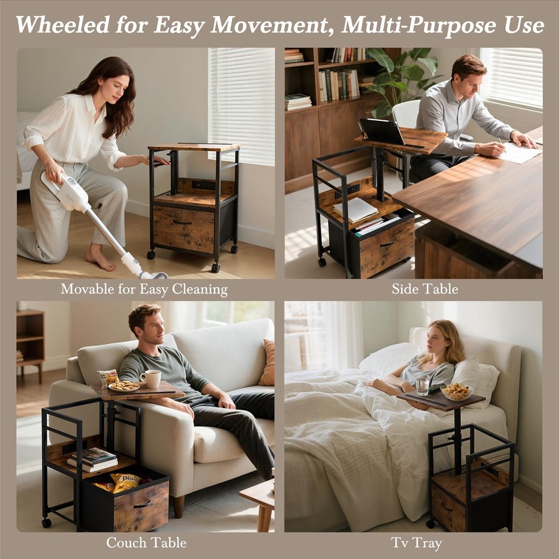 Swivel Lift Top Nightstand with Charging Station, 2-Tier 360° Adjustable