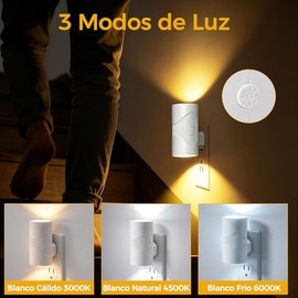 2PCS Luz Nocturna Enchufable, 3 Temperaturas de Color, 4 Nievel de Brillo, Luz de Noche para Dormitorio, Cocina, Baño, Pasillo y Escaleras