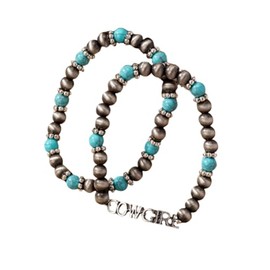 Todu 2 Pcs Western Cowgirl Bracelets for Women Navajo Pearl Bracelets Vintage Boho Letters Cowboy Cowgirl Beaded Charms Bohemian Jewelry