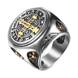 Aroncent Saint Benedict Medal Ring: Religious Catholic Cross Protection Stainless Steel Signet Ring for Men - Gold and Silver Two-Tone Design Size 13