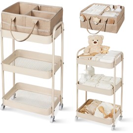 Fortella Carrito organizador de pañales 2 en 1 y organizador de nursery, carrito utilitario móvil de 3 niveles, caddy de cabecera desmontable, gran almacenamiento para artículos esenciales para bebés