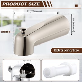 Dreyoo 7 Inch Tub Spout (Universal Fits 1/2" Copper Pipe, 1/2" IPS and 3/4" IPS), Bathroom Bathtub Faucet with Adapters and Hex Wrench(Brushed Nickel,With Diverter)