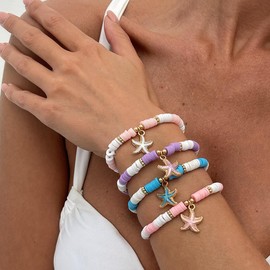 Boho Surfer Heishi Bracelets Set Hawaiian Plumeria Rubra Flower Charms Pearl Bracelets Sea Turtle Starfish Shell Colorful Clay Beaded Stretch Bracelet for Women Summer Beach Jewelry Gifts﻿-Style 4