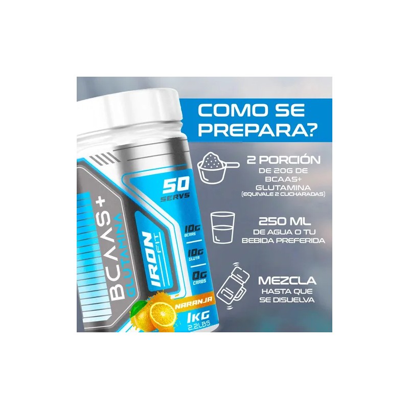Aminoácidos Bcaas + Glutamina Iron Fit 1kg 100 Servicios