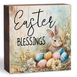 Easter Decor Happy Easter Blessing Wooden Sign Egg Wooden Box Sign Bunny Table Sign Bedroom Farmhouse Home Desk Tabletop Shelf Decor Gifts for Friends Kids-5 x 5 inch-B10
