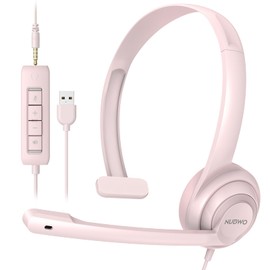 NUBWO HW02 USB Headset with Microphone Noise Cancelling &in-line Control, Ultra Comfort Computer Headphones for Laptop pc, On-Ear Wired Office Call Center Headset for Boom Skype Webinars (Pink)