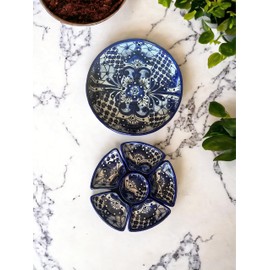 Handmade Talavera Mexican Pottery - Blue and White 7-Piece Appetizer Sectional Tray Set