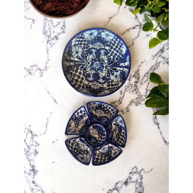 Handmade Talavera Mexican Pottery - Blue and White 7-Piece Appetizer
