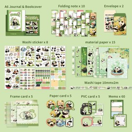 Scrapbooking Supplies Kit, Panda Green Plant Aesthetic Scrapbook Kit for Women Bullet Junk Journal, Stationery, A6 Grid Notebook