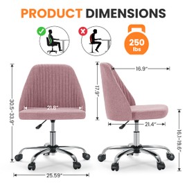 Simple Deluxe Armless Office Desk Chair, Cute Swivel Vanity Chair with Mid Back, Comfy Office Chairs with Rolling Wheels, Adjustable Computer Task Chair for Adults, Make-up, Dressing Room, Pink