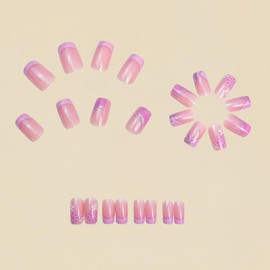 Flower Press on Nails Medium Square Fake Nails Pink French Tip False Nails with Design Daisy Flowers Glue on Nails Glitters Stick on Nails Full Cover Glossy Acrylic Nails for Women Manicure 24PCS