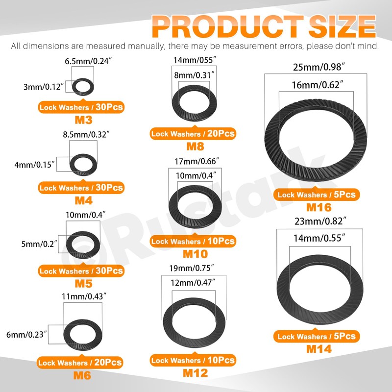Rustark 160Pcs 9 Sizes 65Mn Double Side Lock Washers Black