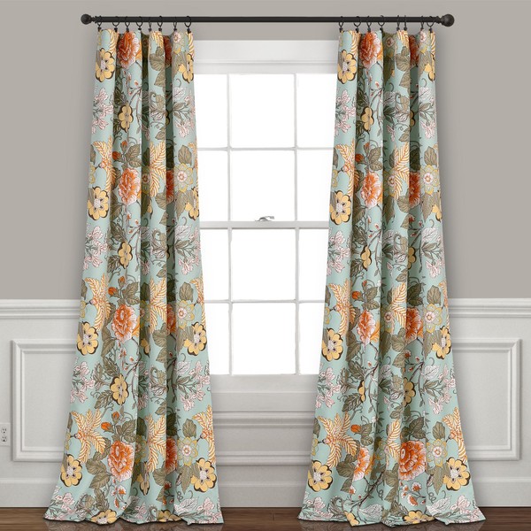 Lush Decor Sydney Curtains | Floral Garden Room Darkening Window Set for Living, Dining, Bedroom x 52”, Blue and Green, 84" L Panel Pair, Blue & Green