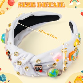 Y1tvei Teacher Appreciation Gifts Headband - White Cute Pencil Crystal Rhinestone Pearl Embellished Knotted Headband Wide Top Knot Teacher Hair Accessories Trendy Back to School Outfit for Women Girls
