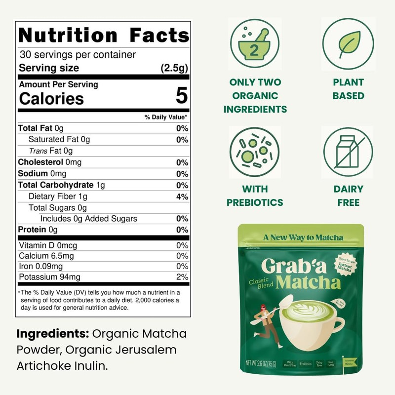 Grab’a Matcha Organic Instant Matcha Green Tea Powder with Prebiotics,