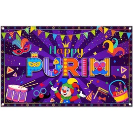 ZTHMOE Fabric 72x43inch Happy Purim Backdrop Jewish Banner
