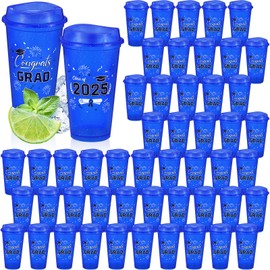 Skylety 50 Pcs Graduation Cups 2025, 16 oz Reusable Coffee Plastic Cups with Lids Graduation Party Cups for Grad Party Supplies Decorations Graduation Gift for Students Friends Classmates(Blue)