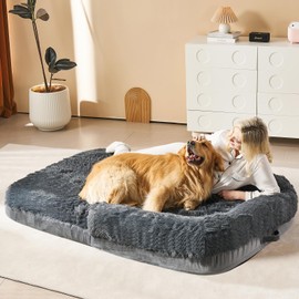 TopSolo Human Dog Bed for Adults,Orthopedic Large Dog Bed with Blasnket,Removable Washable Cover,25D Egg Foam and Waterproof Plush Faux Fur(Dark Grey,71"x47"x13")