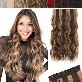 SEGO 20 Inch One Piece Clip In Hair Extensions Long Wavy Synthetic Clip In Hairpiece With 5 Secure Clips, Caramel & Golden Highlights