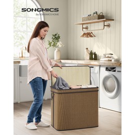 SONGMICS Laundry Hamper with Lid, Bamboo Laundry Basket, Removable Machine Washable Laundry Basket, with Handles, 26.4-Gallons, for Laundry Room, Bedroom, Bathroom, Cloud White ULCB063W01