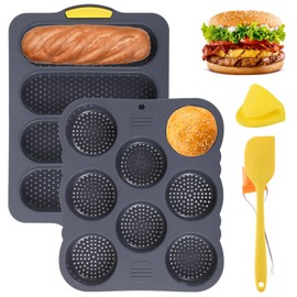 FELISTORY Set of 5 Hamburger Bun Pans for Baking, 4/8-Cup Hamburger Bun Mold, Silicone French Bread Baking Pan with Brush, Spatula, and Grab Glove, Nonstick Perforated Baking Pans