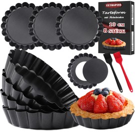 EXTRAPINS Pack of 8 Tartelette Moulds, Small Tart Mould with Lifting Base, Non-Stick Coating Pie Mould, Mini Round Quiche Mould Made of Carbon Steel, 10 cm Tart Mould, Mini Baking Mould for Pudding,