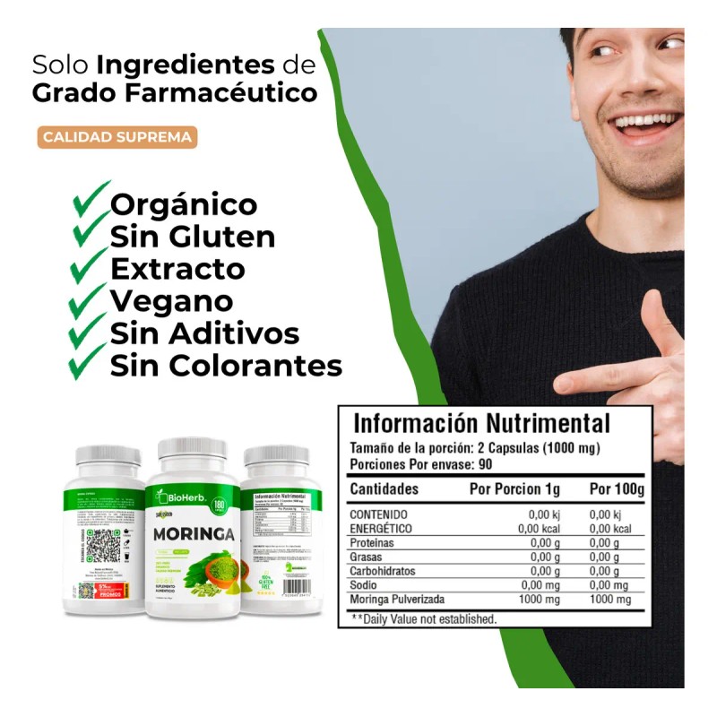 Bioherb Moringa 100 Pura Extremadamente Eficaz 180 Cápsulas 500 Potente