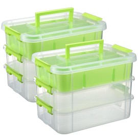 JUXYES 2 Pack 3-Tiers Stack Carry Storage Box With Divided Tray, Transparent Stackable Storage Bin With Handle Lid Latching Storage Container for School & Office Supplies, Green