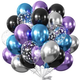 Galaxy Outer Space Balloons,60 Pack 12 Inch Metallic Blue Purple Silver Black Star Latex Balloons Arch Kit for Video Game Theme Birthday Decorations Gender Reveal Baby Shower Bachelor Party Supplies