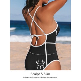 CUPSHE Women's One Piece Swimsuit Plunging V Neck Bathing Suit Crisscross Back Tie Slimming Sculpting Color Block, M