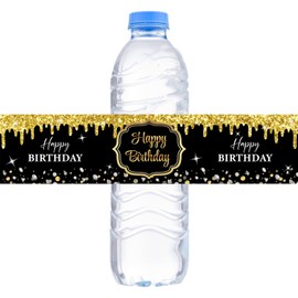 Happy Birthday Water Bottle Labels for Boy Girl Men Women Anniversary Celebration Stickers Party Decorations Black and Gold - Set of 32