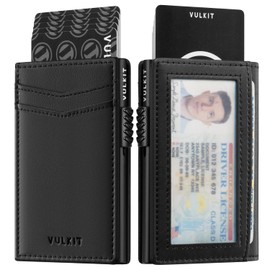 VULKIT Men's Wallet with ID Window Premium Leather Wallets RFID Blocking Minimalist Wallet Pop Up Card Holder Magnetic Closure